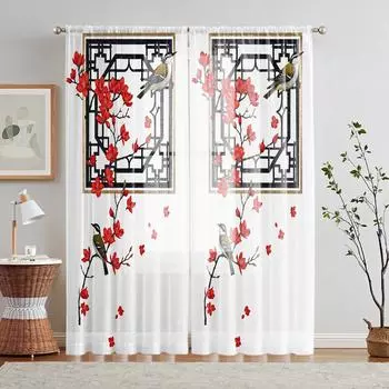 2-piece HD digital ancient style red Wing Plum Figure Printed Window Veil Home Decorating Style Decorative Living Room Bedroom R W52H63inchW132H160cm