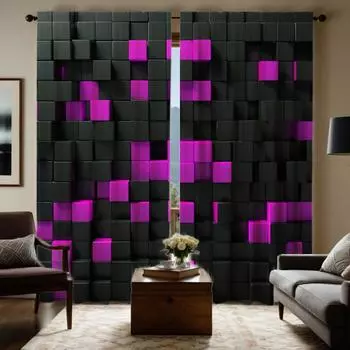 2-piece HD digital black tie convex square Mosaic curtain Home decoration style decoration living room bedroom through rod curta W52H63inchW132H160cm