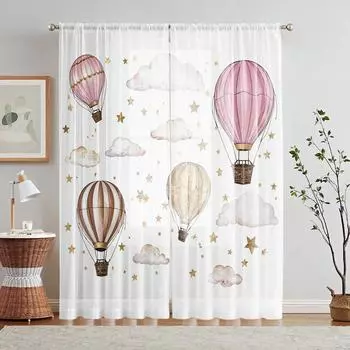 2-piece HD digital fantasy star sea hot air balloon print window screen Home Decorating Style Decorating Living Room Bedroom Rod W52H63inchW132H160cm