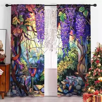 2 Piece Romantic Abstract Wisteria Flower Curtain Red Green Blue Glass Wine Glass Color Living Room Bedroom Decorative Curtain 50W130H(CM)X2PCS&Grommet Top