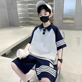 2-piece set of fashionable and casual solid color splicing short sleeved shirt top and shorts for baby boys 170 белый