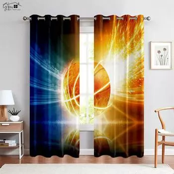 2-Piece Set Of Hot-Blooded Basketball 3d Printed Curtains Polyester Fiber Bedroom Living Room Dormitory Decorative Curtains W50xH130(CM)x2PCS&Grommet Top