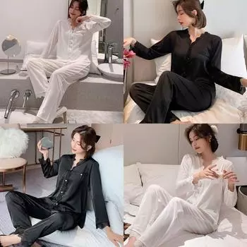 2-piece Set of Women s Ice Silk Pajamas, Sweet and Cute Thin Spring and Summer V-neck Home Clothes, Korean Style Simple Solid Color Home Clothes M чёрный