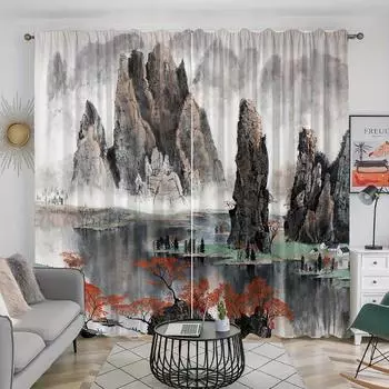 2-Piece Set Traditional Chinese Landscape Ink Painting Curtains Rod Pocket Design For Easy Hanging For Living Room Bedroom Drape Milled cotton fabric&Grommet Top
