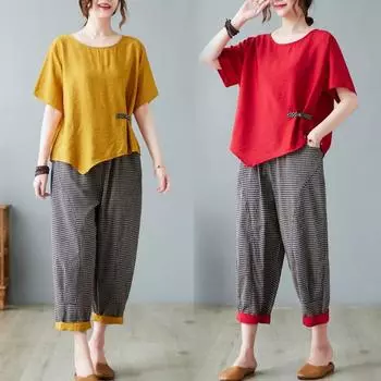 2 Piece Sets Women Casual T-shirt and Ankle-length Pants Summer Vintage Style Loose Female Pant Suits XXL