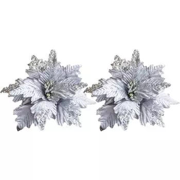 2 Pieces 25cm Glitter Poinsettia Christmas Tree Wreath Xmas Artificial Flannelette Flowers Party Photo Prop Holiday золотой