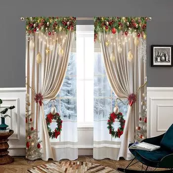 2 pieces, 3D luxury Christmas curtains -30% blackout - suitable for living room, bedroom, kitchen, home decoration W150CM H166CM&Rod pocket светло-желтого