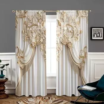 2 pieces, 3D luxury European style curtains -30% blackout - suitable for living room, bedroom, kitchen, home decoration W150CM H166CM&Rod pocket белый