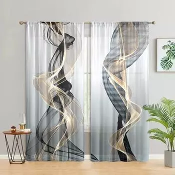 2 pieces, abstract aesthetic art line printed curtains - semi transparent curtains - living room, bedroom, home decoration W150CM H166CM&Rod pocket
