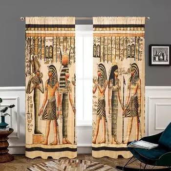 2 pieces, ancient Egyptian mural figures retro symbol curtains -30% blackout - suitable for living room, bedroom, home decoratio W150CM H166CM&Rod pocket жёлтый
