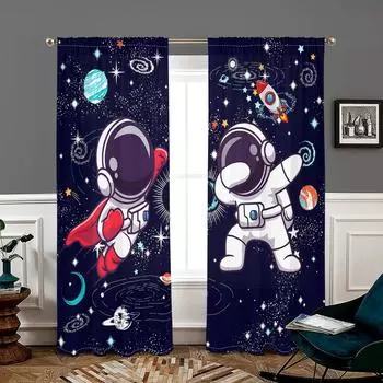 2 pieces, astronaut curtains in galactic space -30% blackout - suitable for living room, bedroom and home decoration W150CM H166CM&Rod pocket темно-синий