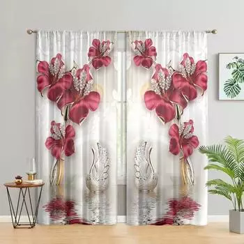 2 pieces, beautiful flower swan print semi blackout curtains - pole pockets - bedroom, living room, and other home decorations W150CM H166CM&Rod pocket