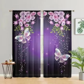 2 pieces, beautiful purple mysterious butterfly curtains - rod pockets - living room, bedroom and other home decorations W150CM H166CM&Rod pocket