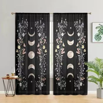 2 pieces, Bohemian flowers, sun and moon, Gothic aesthetic, green leaf window treatment - living room, bedroom, home decoration W150CM H166CM&Rod pocket