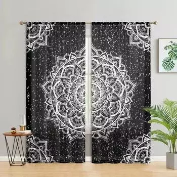 2 pieces, Bohemian Mandala flower black gold curtains - semi blackout - suitable for living room, bedroom, kitchen, home decorat W150CM H166CM&Rod pocket чёрный