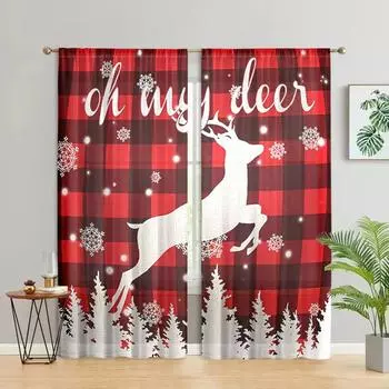 2 pieces, Buffalo Grid Christmas Deer Curtains -30% blackout - suitable for living rooms, bedrooms, kitchens, and home decor W150CM H166CM&Rod pocket красный