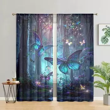 2 pieces, Butterfly Forest curtains - semi blackout - suitable for living room, bedroom, kitchen, home decoration W150CM H166CM&Rod pocket