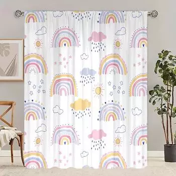 2 pieces - cartoon rainbow - printed curtain - polyester material - for bedroom living room study anti-privacy curtain 30inchx65inchx2Pcs