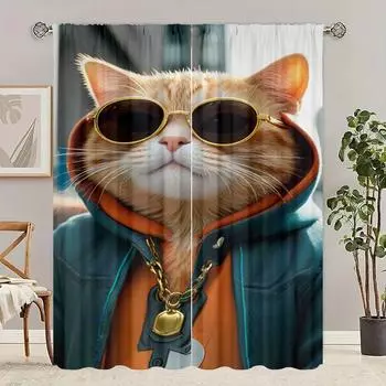 2 шт. - Штора с принтом «Кот» - Материал полиэстер - подходит для спальни, гостиной, кабинета, частной шторы 30inchx65inchx2Pcs