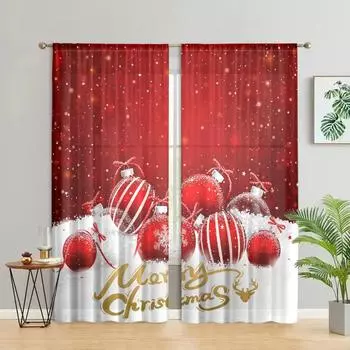 2 pieces, Christmas ball and snowflake curtains -30% blackout - suitable for living room, bedroom, kitchen, home decoration W150CM H166CM&Rod pocket красный