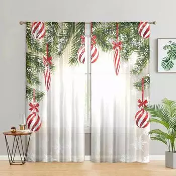 2 pieces, Christmas ball pine leaf curtains -30% blackout - suitable for living room, bedroom, kitchen, home decoration W150CM H166CM&Rod pocket
