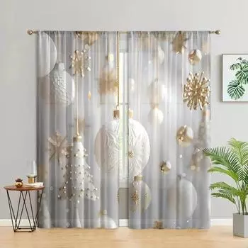 2 pieces, Christmas ball snowflake curtains - semi blackout - suitable for living room, bedroom, kitchen, Christmas home decorat W150CM H166CM&Rod pocket белый