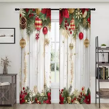 2 pieces, Christmas ball wooden background curtains -30% blackout - suitable for living room, bedroom, kitchen, home decoration W150CM H166CM&Rod pocket белый