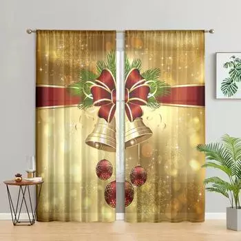 2 pieces, Christmas bell shining flower wreath curtains -30% blackout - suitable for living room, bedroom, kitchen, home decorat W150CM H166CM&Rod pocket красный