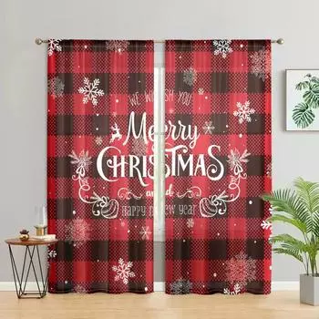2 pieces, Christmas Buffalo plaid snowflake curtains -30% blackout - suitable for living room, bedroom, kitchen, home decoration W150CM H166CM&Rod pocket красный