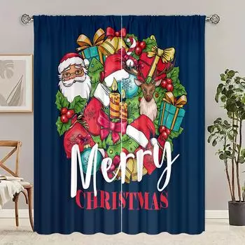 2 pieces - Christmas decoration printed curtain - Polyester material - suitable for bedroom, living room, study 30inchx65inchx2Pcs