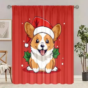 2 pieces - Christmas - Dog - Printed curtain - Polyester material - suitable for bedroom, living room, study private curtain 30inchx65inchx2Pcs