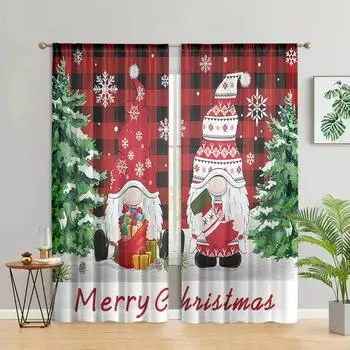 2 pieces, Christmas gnome snowflake grid curtains -30% blackout - suitable for living room, bedroom, kitchen, home decoration W150CM H166CM&Rod pocket красный