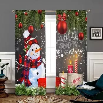 2 pieces, Christmas pine branch snowman curtains -30% blackout - suitable for living room, bedroom, kitchen, home decoration W150CM H166CM&Rod pocket темно серый