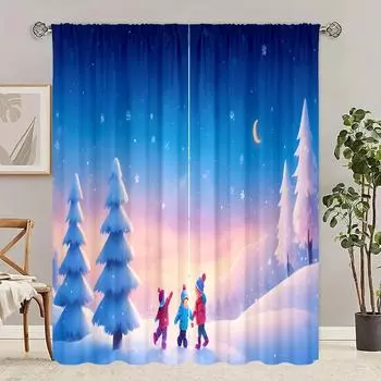 2 pieces - Christmas - printed curtain - Polyester material - suitable for bedroom, living room, study private curtain 30inchx65inchx2Pcs