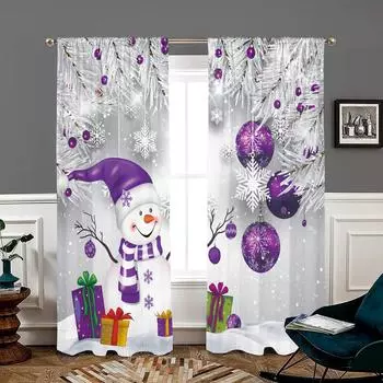 2 pieces, Christmas purple snowman ball curtains -30% blackout - suitable for living room, bedroom, kitchen, home decoration W150CM H166CM&Rod pocket фиолетовый