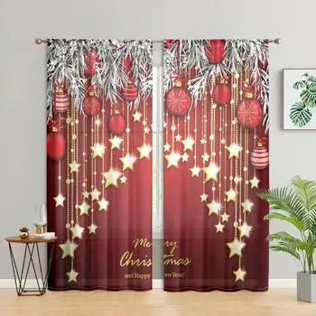 2 pieces, Christmas red ball celebration curtains -30% blackout - suitable for living room, bedroom, kitchen, home decoration W150CM H166CM&Rod pocket красный
