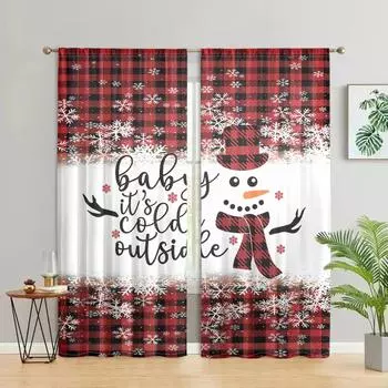 2 pieces, Christmas snowman checkered curtains -30% blackout - suitable for living room, bedroom, kitchen, home decoration W150CM H166CM&Rod pocket красный