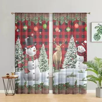 2 pieces, Christmas snowman tree elk curtains -30% blackout - suitable for living room, bedroom, kitchen, home decoration W150CM H166CM&Rod pocket красный
