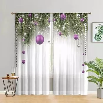 2 pieces, Christmas tree and ball printed curtains -30% blackout - suitable for living room, bedroom, kitchen, home decoration W150CM H166CM&Rod pocket белый
