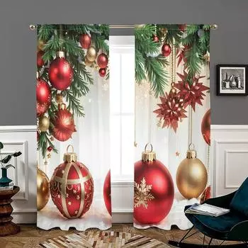 2 pieces, Christmas tree ball New Year curtains -30% blackout - suitable for living room, bedroom, kitchen, home decoration W150CM H166CM&Rod pocket красный