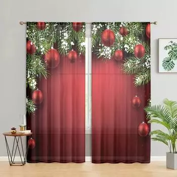 2 pieces, Christmas tree branches, Christmas ball curtains -30% blackout - suitable for living room, bedroom, kitchen, home deco W150CM H166CM&Rod pocket красный