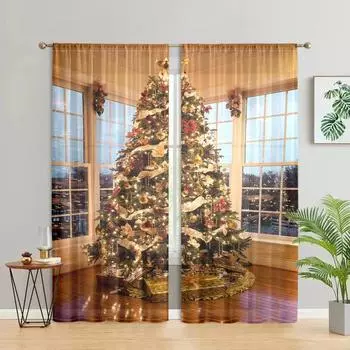 2 pieces, Christmas tree curtains -30% blackout - suitable for living room, bedroom, kitchen, home decoration W150CM H166CM&Rod pocket жёлтый