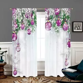 2 pieces, Christmas tree purple ball New Year curtains -30% blackout - suitable for living room, bedroom, kitchen, home decorati W150CM H166CM&Rod pocket фиолетовый