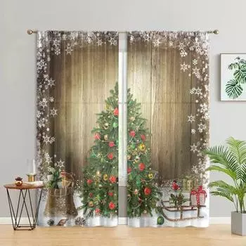 2 pieces, Christmas tree snowflake wood curtain -30% blackout - suitable for living room, bedroom, kitchen, home decoration W150CM H166CM&Rod pocket