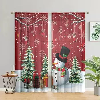2 pieces, Christmas tree snowman snowflake curtains -30% blackout - suitable for living room, bedroom, kitchen, home decoration W150CM H166CM&Rod pocket красный