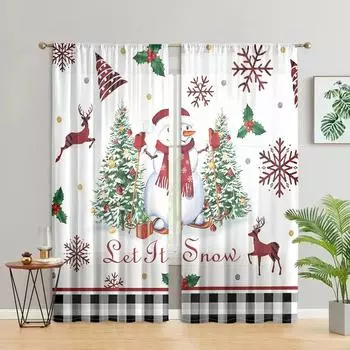 2 pieces, Christmas tree snowman snowflake curtains -30% blackout - suitable for living room, bedroom, kitchen, home decoration W150CM H166CM&Rod pocket белый