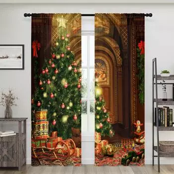2 pieces, Christmas tree winter gift toy curtains -30% blackout - suitable for living room, bedroom, kitchen, home decoration W150CM H166CM&Rod pocket