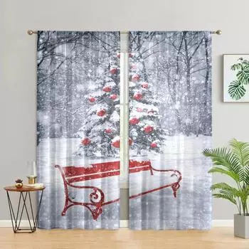 2 pieces, Christmas tree winter snow scenery red stool curtains -30% blackout - suitable for living room, bedroom, home decorati W150CM H166CM&Rod pocket светло-серый