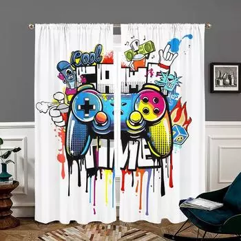 2 pieces, color game controller curtains - semi blackout - suitable for living room, bedroom, kitchen, home decoration W150CM H166CM&Rod pocket белый