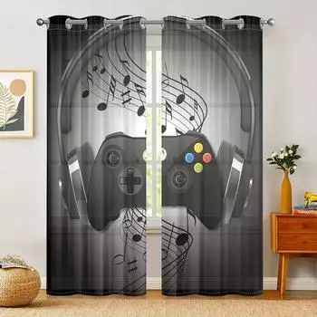 2 pieces, cool retro black earphone with note design, game controller curtains - living room, bedroom, kitchen, home decoration W150CM H166CM&Grommet Top